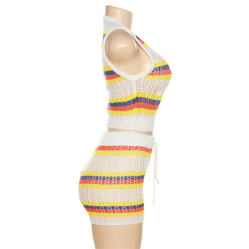 Ari Crochet Knit Striped Sleeveless Short Set